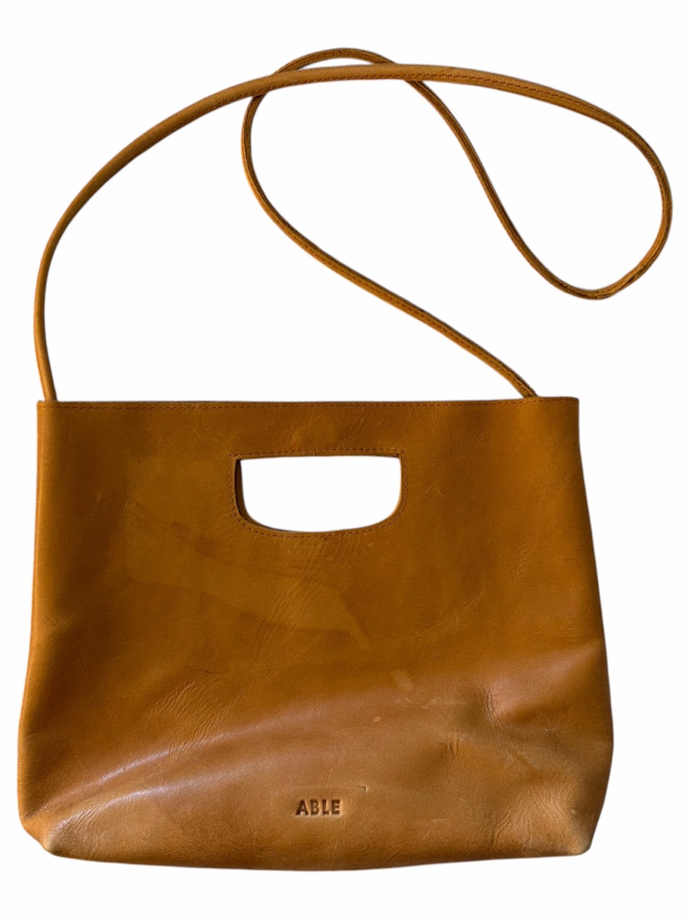ABLE Hana Cognac Leather Shoulder Bag with Top Handle Cutout